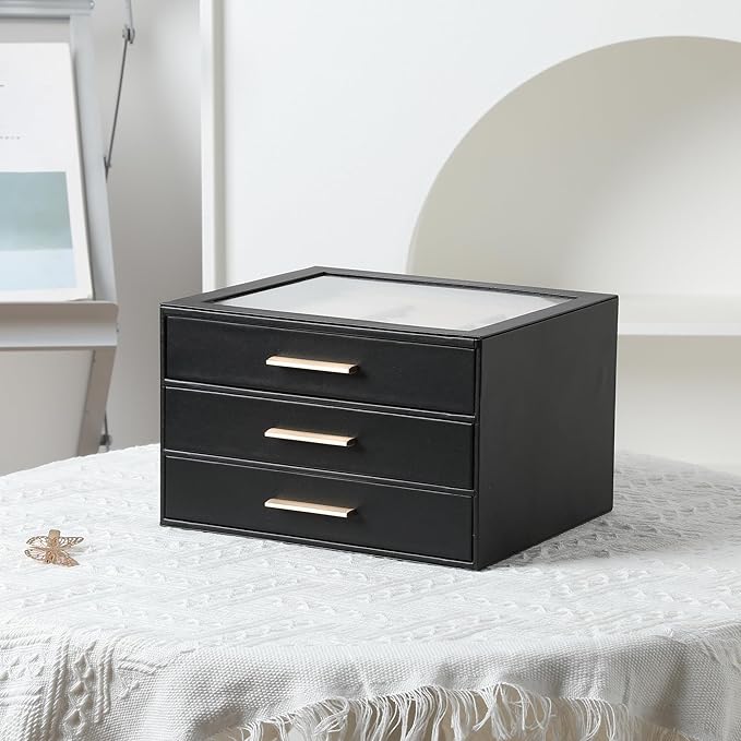 Frebeauty Clear Lid Jewelry Box,3-Layer Jewelry Organizer with Drawer,PU Leather Jewelry Organizers and Storage,Jewelry Boxes