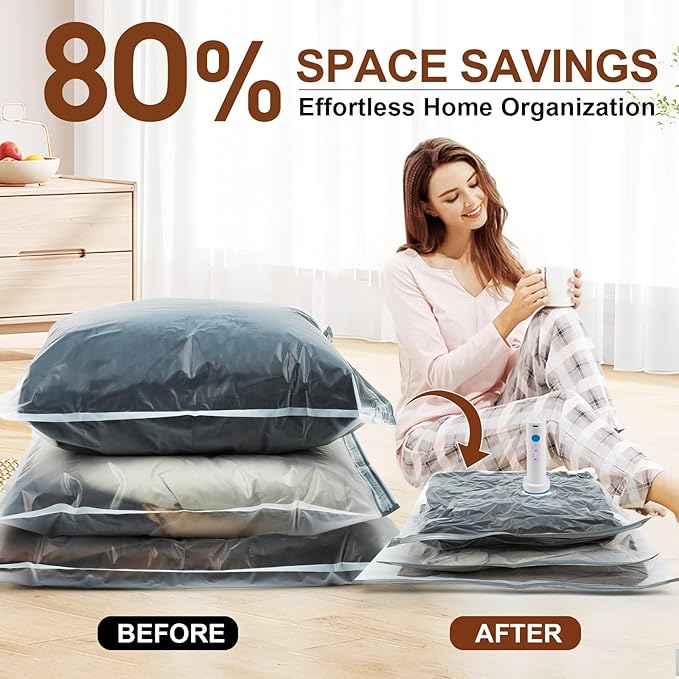 12 Pack Vacuum Storage Bags,Space Saver Bags for Clothing,Comforters,and Bedding,Includes 2 Jumbo, 2 Large, 2 Medium, 2 Small