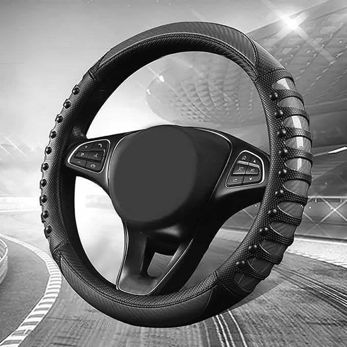3D Massage Car Steering Wheel Cover,14.5-15 Inch Universal Black Carbon Fibre Leather Covers Breathable Anti-Slip Odorless St