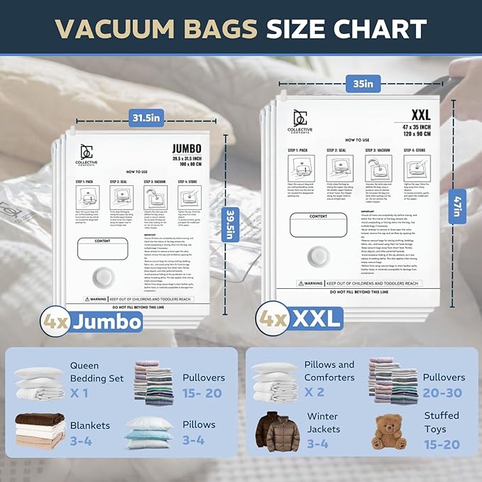 8 Pack Vacuum Storage Bags – 4 XXL & 4 Jumbo Vacuum Seal Bags for Blankets, Comforters, Clothing & Bedding - Space Saver Comp