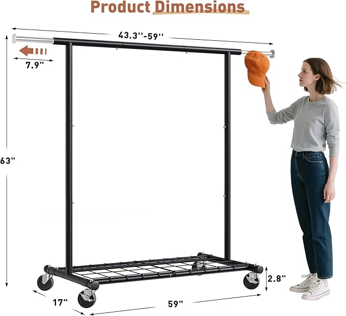 Raybee Clothing Rack for Hanging Clothes, Rolling Clothes Rack Load 250LBS, Metal Clothes Racks, Garment Rack with Wheels Por