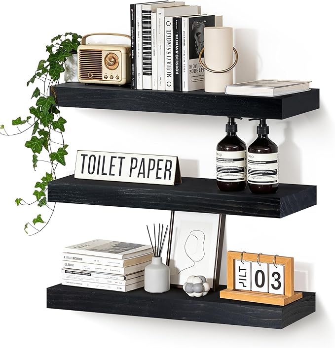 Floating Wall Shelves 24x6.8x1.7 Inch – Solid Wood Rustic Shelves in Black Finish – Wall Mounted Display Shelf for Bathroom, 