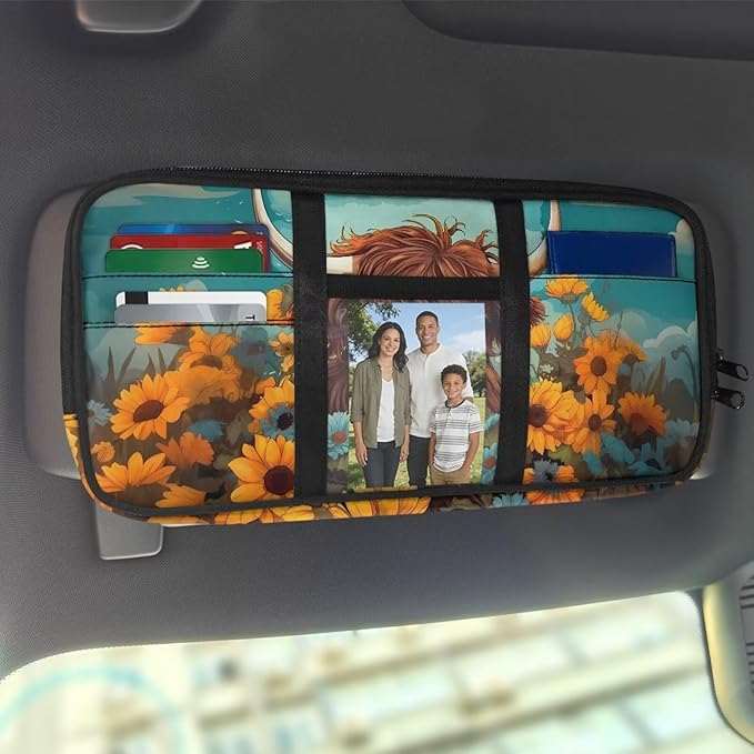 Sunflower Cow Car Sun Visor Organizer, Small Auto Visor Organizer and Storage, Registration and Document Holder, Vehicle Accessories for Sunglasses, Document, Card, Pen, Driver License