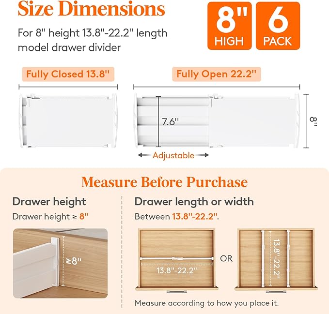 Lifewit 8" Tall 6 Pack Drawer Dividers, 35-56.5cm/13.8-22.2" Expandable Drawer Divider for Clothes, Adjustable Dresser Drawer