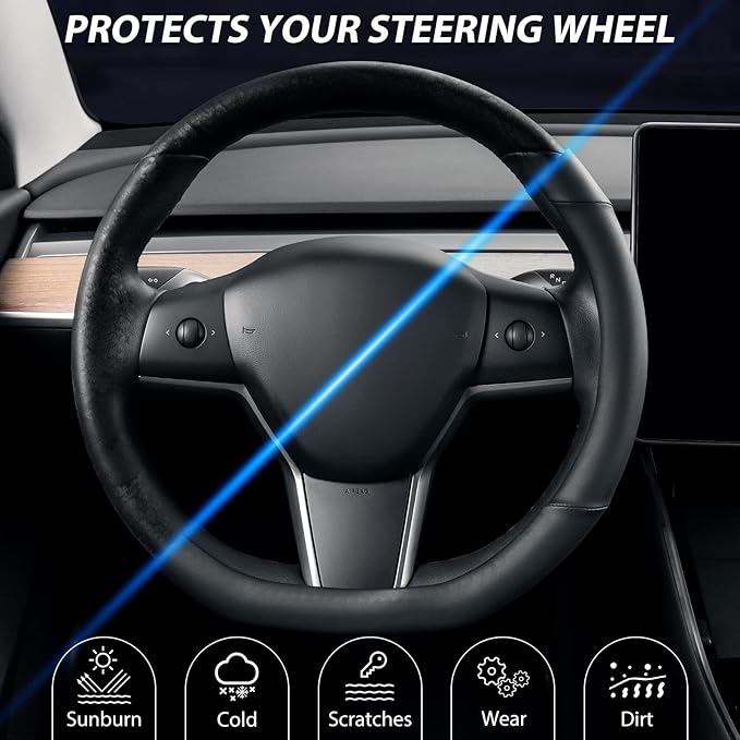 SEG Direct Flat Bottom Steering Wheel Cover, D Shaped Car Wheel Cover 14-14 1/4 in. (35.5-36 cm), for Tesla Model 3 / Y, for 