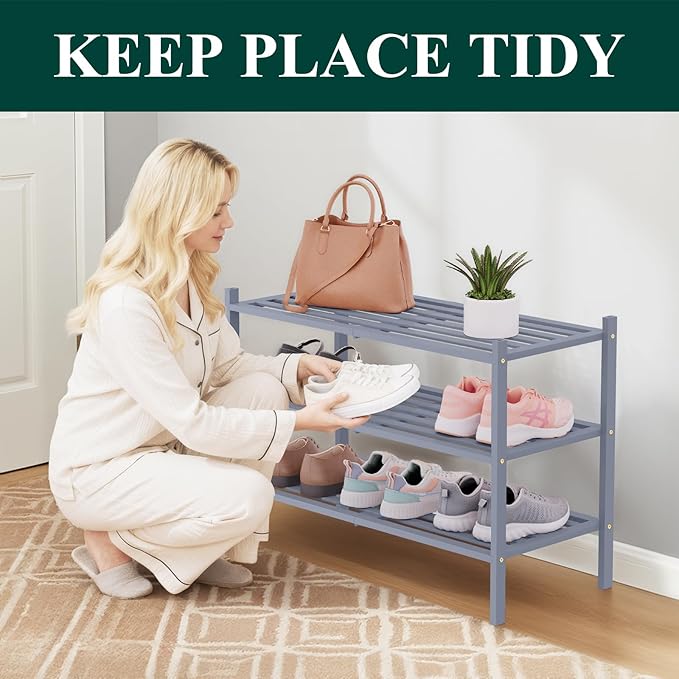 Smiry Bamboo Shoe Rack 3-Tier, Stackable Wooden Shoe Organizer for Entryway & Closet, Free Standing Wood Shoe Storage Shelf f