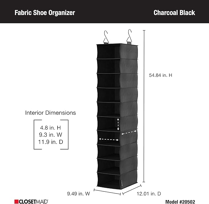ClosetMaid 20502 10-Shelf Fabric Hanging Closet Organizer for Shoes, Hats, Handbags, Clothes with Charcoal Black Finish