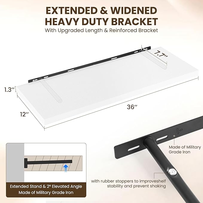 Dreamland 36" Floating Shelves for Wall, 12" Deep Slim White Floating Shelves, Wall-Mounted Shelves for Bedroom, Living Room,