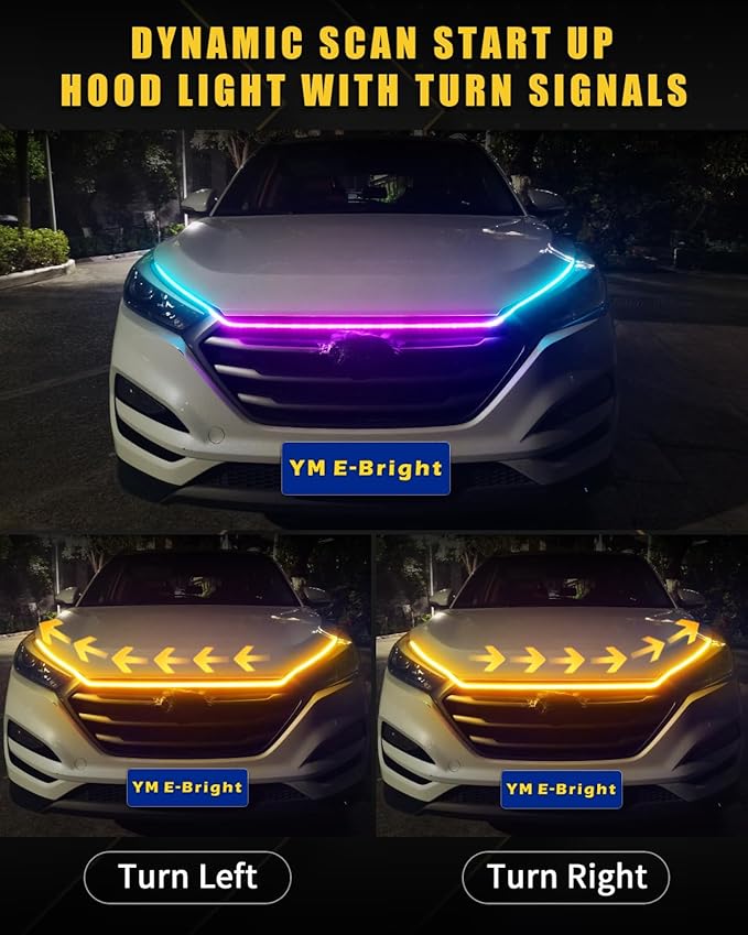 RGB Hood Light Strip with Sequential Turn Signal Indicator Function Waterproof Multicolor Dynamic Scan Start Up Hoodbeam Kit for Cars, Truck, SUV, with APP Control, 12V 79inch/2M (1Set)