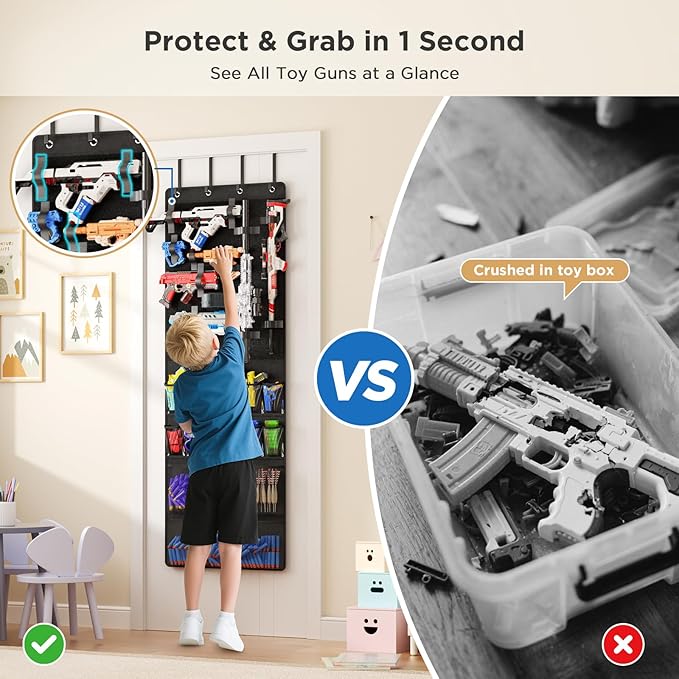 Over the Door Organizer for Toy Guns, Toys Storage Door Hanger with Pockets and Slots for Kids Foam Blasters, Darts, Goggles,