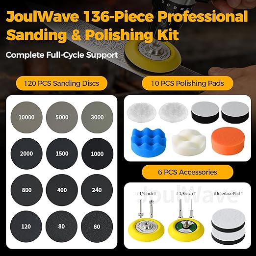 136PCS 3 Inch Wet/Dry Sanding Disc & Polishing Kit, 60-10000 Grit Hook & Loop Pads with Hand Pad for Drill or Manual Use, Hea