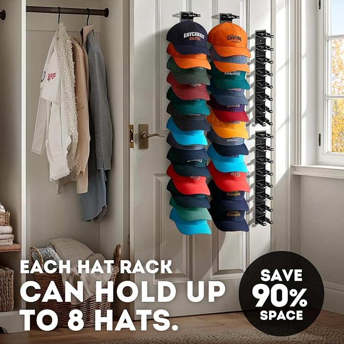 Hat Organizer for Baseball Caps, 2 Pack Hat Rack for Wall Closet Door Hold up to 16 Hats,Hat Holder with Adhesive and 8 Screw