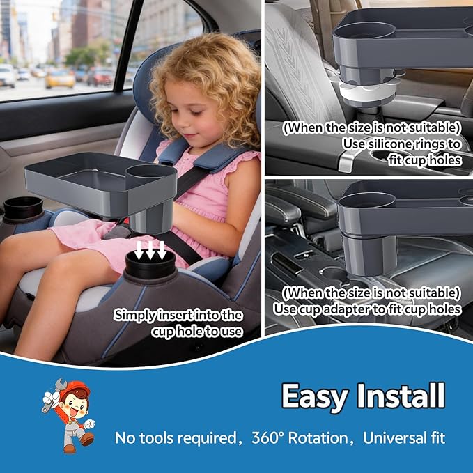 Car Seat Snack Tray for Kids Toddler Travel,Cup Holder Expander for Car,Toddler Travel & Road Trip Accessory for Mess-Free Snacking in The Car (Dark Gray)