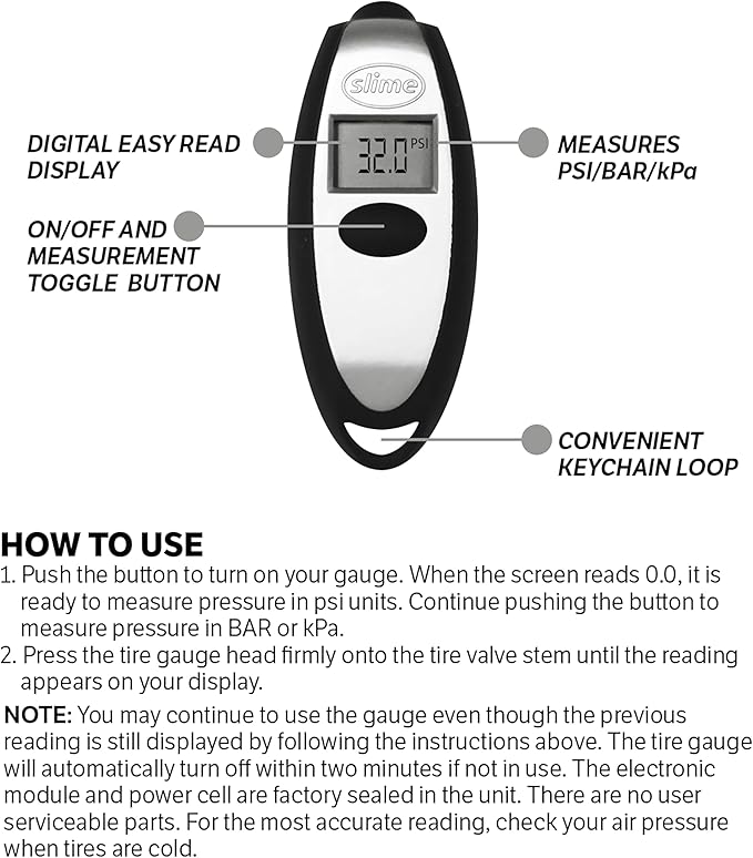 Slime 20112 Tire Gauge, Mini Digital, 5-150 psi, Compact and Accurate