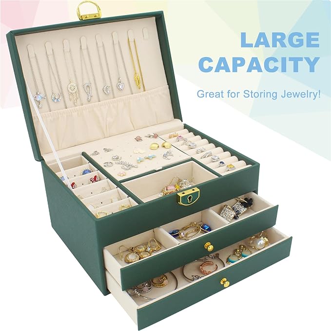 KOOAAICCHI Jewelry Box for Women, 3-Layer Jewelry Organizer, Jewelry Storage Case PU Leather for Earrings, Bracelets, Ring, N