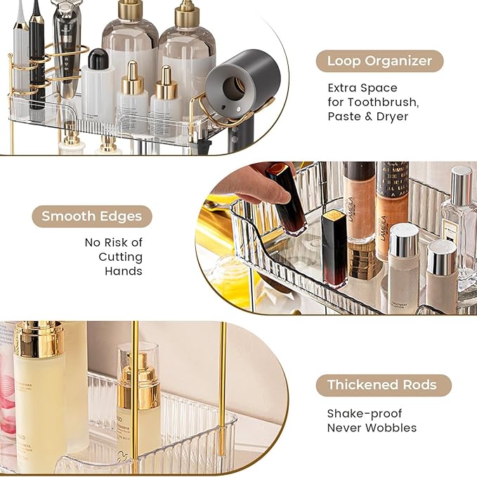 Aveniee Bathroom Counter Organizer,3 Tier Skincare Perfume Countertop Storage with Hair Dryer Rack and Toothbrush Holder, Cos