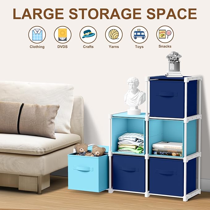 6 Cube Storage Organizer with Shelf Back to School Boxes 11 Inch Toy Storage Bins Closet Organizers Drawers Fabric Dresser fo