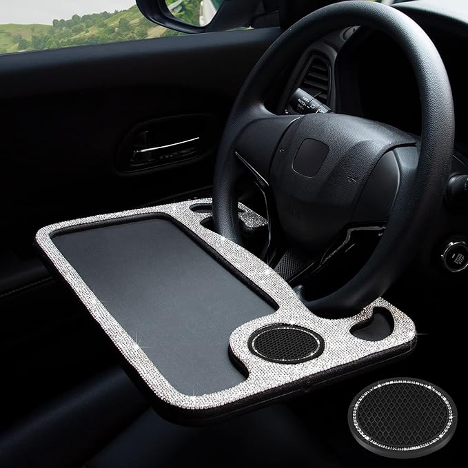 eing Bling Auto Steering Wheel Desk, Laptop,Tablet, Notebook Car Travel Table, Food Eating Hook On Steering Wheel Tray, for Constant Travelers, Fits Most Vehicles Steering Wheels,White