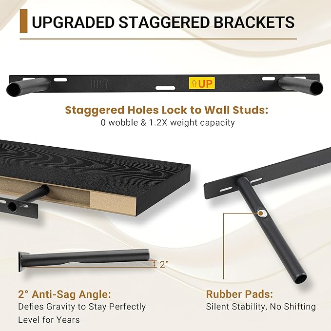 Vivelove Black Floating Shelves 24 Inches Wide, 12" Deep Wall Shelves for Bedroom, Bathroom, Living Room, Kitchen, Office, Ru