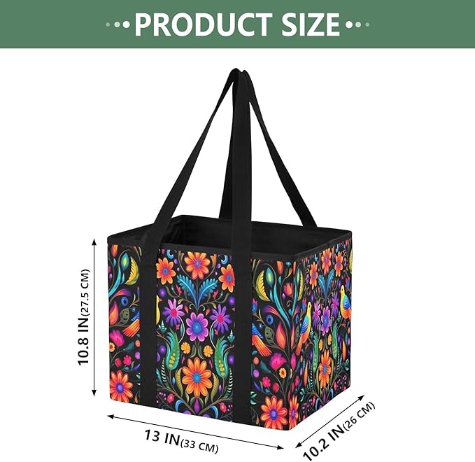 Mexican Art Design Reusable Grocery Bags Large Shopping Tote Bag with Reinforced Bottom Board, Water Resistant Foldable Stora