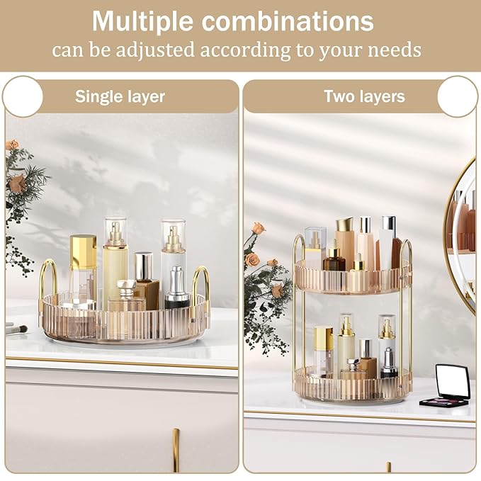MOKANI 360 Rotating Makeup Organizer for Vanity, 2 Tier Adjustable Perfume Organizer for Dresser, Multi-Function Spinning Cos