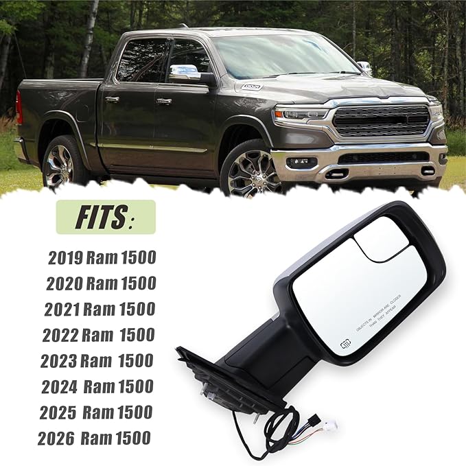 Right Passenger Side Mirror Compatible With 2019 2020 2021 2022 2023 2024 2025 2026 Ram 1500 With Power Folding Power Glass Heated Turn Signal Puddle Light Chrome Replace#68276500AH(8+2Pins)