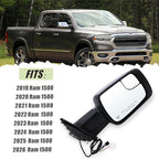 Right Passenger Side Mirror Compatible With 2019 2020 2021 2022 2023 2024 2025 2026 Ram 1500 With Power Folding Power Glass Heated Turn Signal Puddle Light Chrome Replace#68276500AH(8+2Pins)