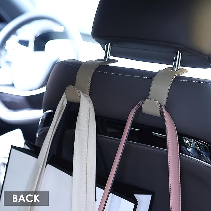 Leather Car Hooks for Headrest - Fully Leather-Wrapped U-Shaped Purse Holder for Car, Flexible Seat Back Organizer & Durable Car Accessories for Purses, Bags, Coats & More (Beige, 2 Pack)