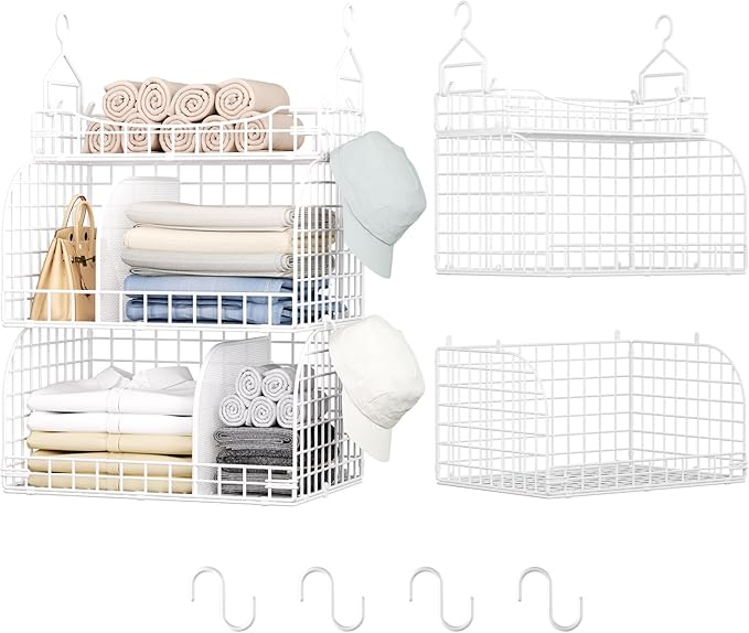 HapiRm Hanging Closet Organizer Storage - 3 Tier Metal Stackable Hanging Closet Shelves with Dividers and S Hooks, Foldable C