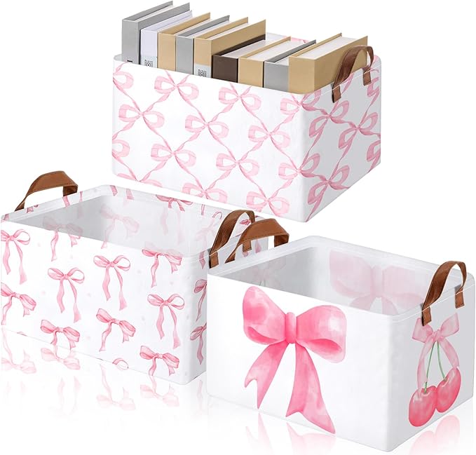 Boao 3 Pcs Coquette Pink Bow Storage Bin Collapsible Large Storage Baskets for Gifts Empty Candy Holiday Decor Canvas Laundry