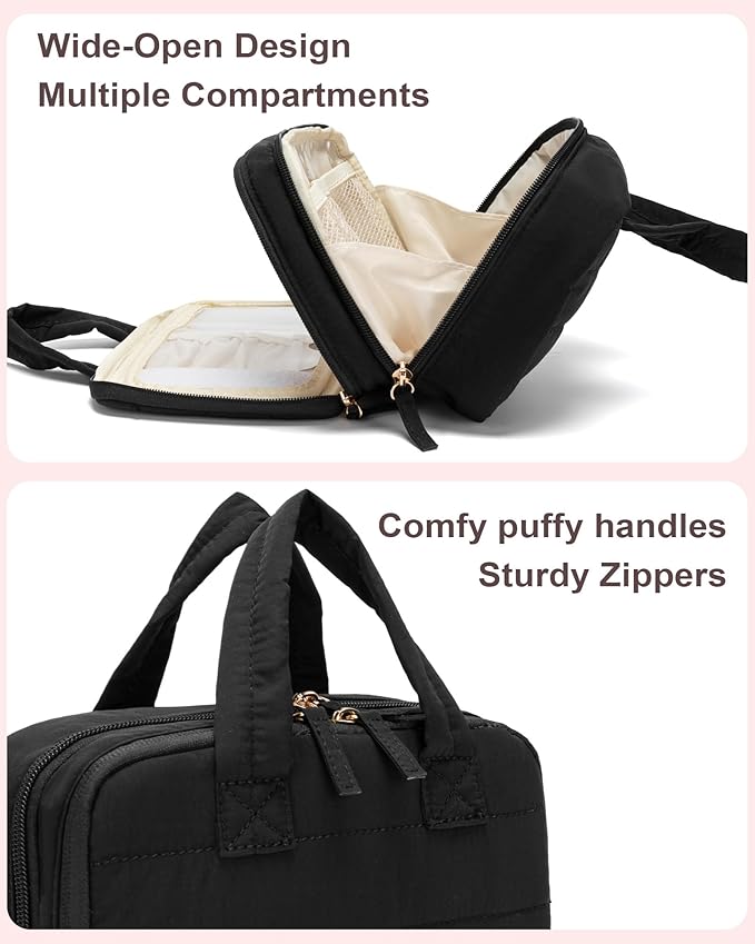 Makeup Bag, Travel Cosmetic bag, Toiletry Bag For Women, Make up Bag With Brush Storage, Hanging Toiletry Bag, Puffy Padded M