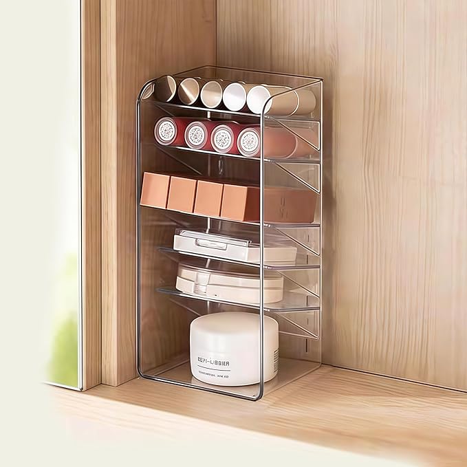 PAVSTINE Medicine Cabinet Organizer with Adjustable Dividers, Clear Vertical Layered Backward Slanting Shelves for Pressed Po