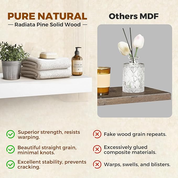 Floating Wall Shelves 24 x 6.8 x 1.7 Inch – Solid Wood Rustic Shelves in White Finish – Wall Mounted Display Shelf for Bathro
