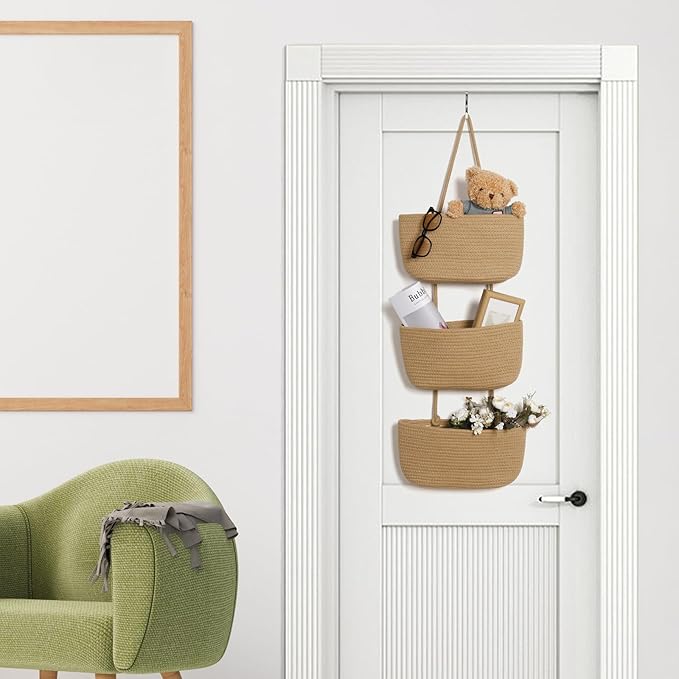ANTIS'S HOME Over The Door Organizer Hanging Basket, 3-Tier Woven Cotton Wall-Mounted Nursery Storage Organizer Bag Boho Deco