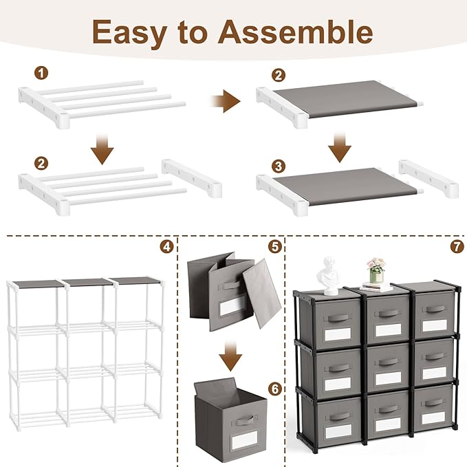 Geelin 9 Cube Storage Organizer with Fabric Bins and Labels 11 Inch, Fabric Collapsible Cubby Clothes Storage Drawer Dresser 