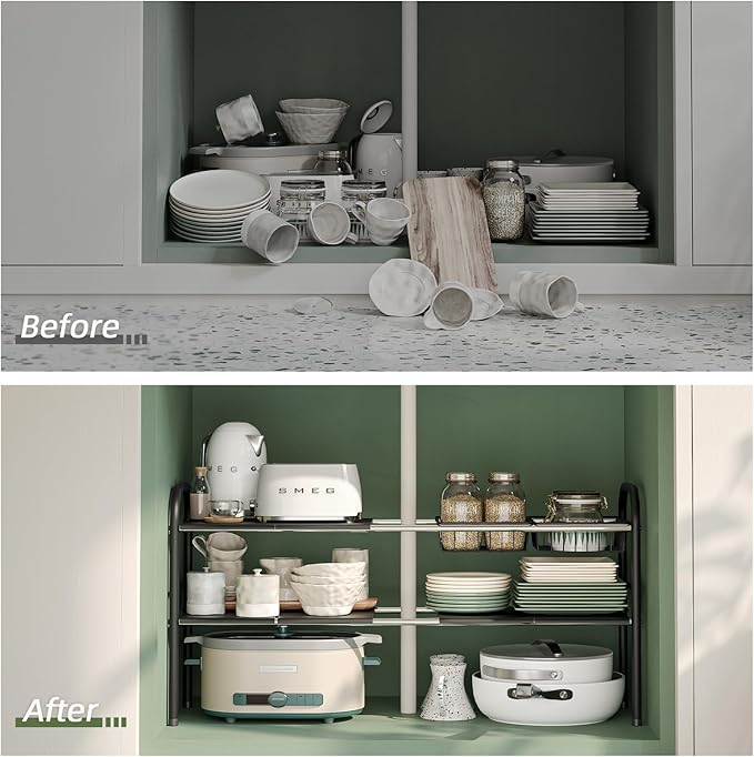 NETEL Under Sink Organizers and Storage, 2 Tier Expandable Under Cabinet Organizer Shelf with 2 Baskets and 6 Panels, Expanda