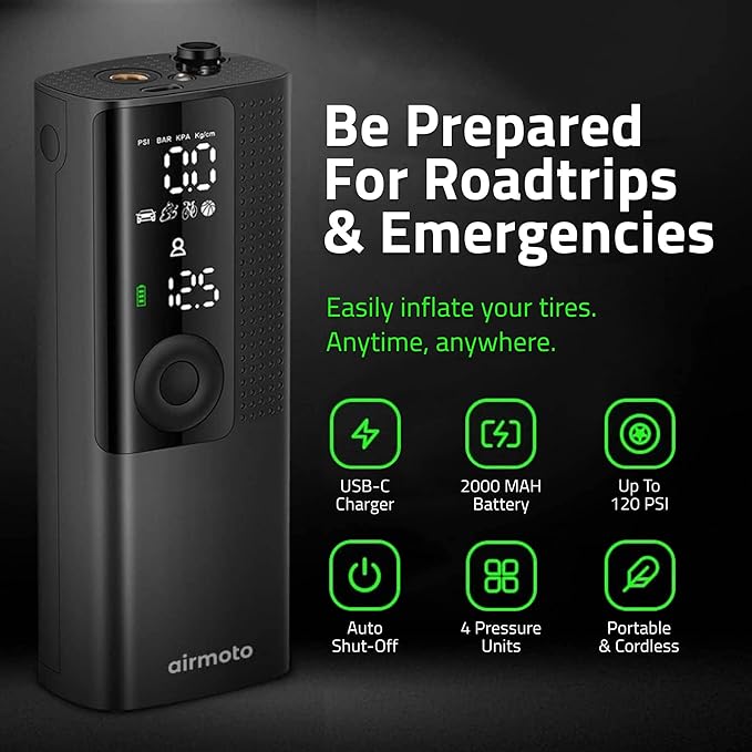 Airmoto and Power Kit Bundle Deal - 1 bundle - Tire Inflator Portable Air Compressor with Power Kit for Charging on The Road - Cordless Air Pump for Car Tires, Motorcycle, Bicycle, Balls