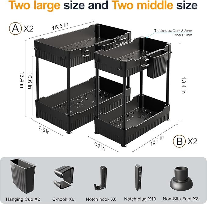 Sevenblue 4 Pack Under Sink Organizer, Under Bathroom Cabinet Organizer with Hooks Hanging Cup, Multi-Purpose Storage Shelf f