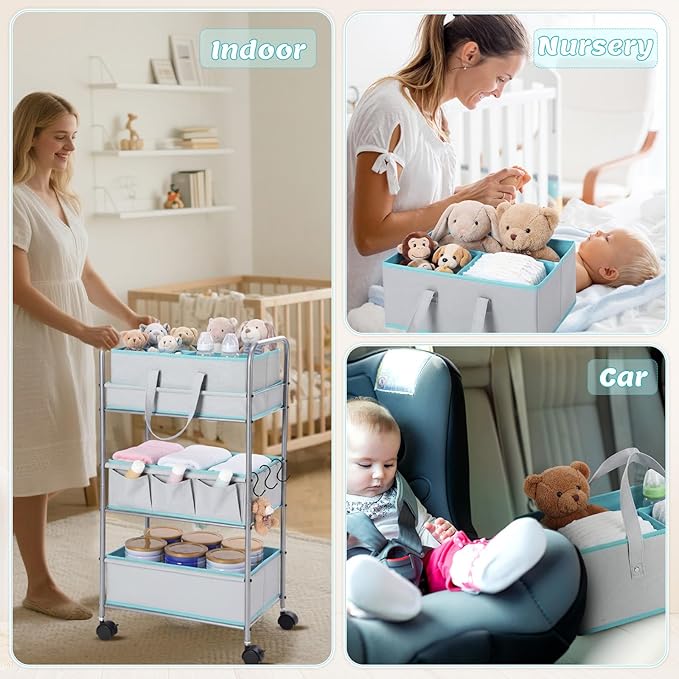 FoldTier 2in1 Colorful Baby Diaper Caddy Organizer Cart 3 Tier Large Capacity Metal Utility Bedside Rolling Cart with Divider