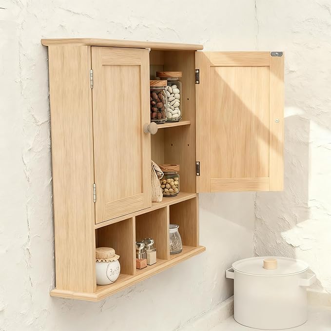 TaoHFE Natural Wooden Color Bathroom Wall Cabinet with 2 Door Adjustable Shelves,Over The Toilet Storage Wall Mounted Medicin
