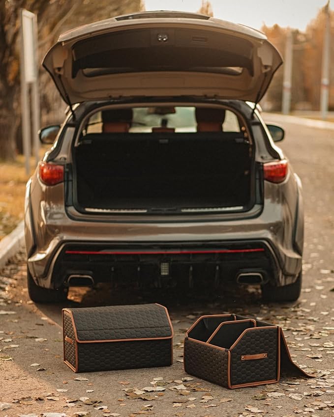 Owleys Rear Cargo Organizer For SUV | Set Of 17.7" & 21.6" Eco-Leather Crates | Foldable Car Storage With Magnetic Lids |