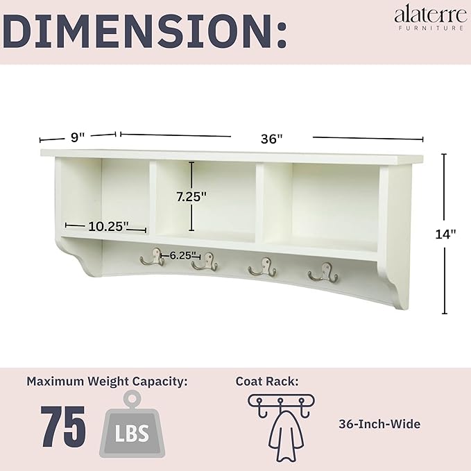 Shaker Cottage 36-Inch Wall-Mounted Coat Rack with 3 Open Shelves – Transitional Entryway Organizer, Mudroom Storage Shelf wi