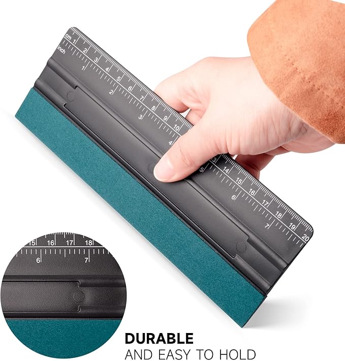 FOSHIO 8 Inch Felt Squeegee for Vinyl wtih Ruler 20CM 4 Round Corners Universal Card, Window Tint Film Installing Hard Black PP Car Vinyl Wrap Scraper Tool