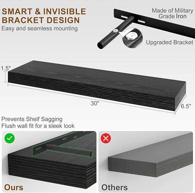 Fun Memories 30Inch Floating Shelves for Wall, 2 Pack Rustic Wood Shelves for Bathroom|Kitchen Wall Mounted Floating Shelf wi