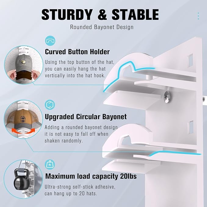 2 Pack Hat Organizer for Baseball Caps, Hat Rack for Wall with Strong Adhesive, Hold Up to 20 Hats, Hat Rack for Door Closet,