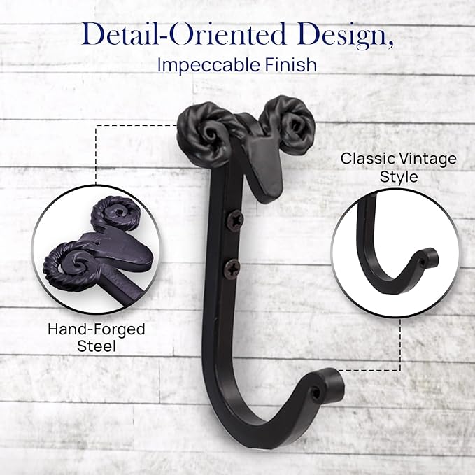 The Metal Magician Sheep Headed Iron Hooks Wall Mount Black Hanger Set of 3 Heavy Duty Towel Holder for Hanging Hats, Coat, K