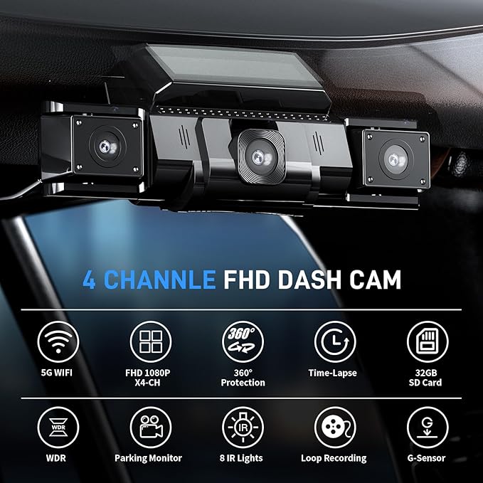 4 Channel Dash Cam 360 View Front Rear Left Right Car Camera,GPS and 5GHz Band WiFi,APP Control,G-Sensor,24H Parking Mode,8PC