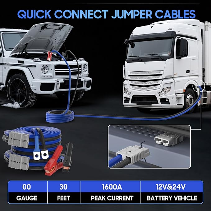 Heavy Duty Jumper Cables - 2/0 Gauge 30 Feet 1600Amp Automotive Booster Jumper Cables with 350A Battery Quick Connect and Permanent Installation kit for Car, SUV and Trucks Battery - (SB350 Gray)