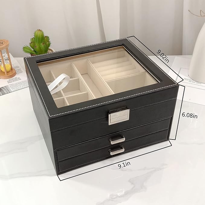 BOOVO Clear Lid Jewelry Box,3 Layers Jewelry Organizer Large Multi-Functional Jewelry Storage Box with 2 Drawers,Jewelry Disp
