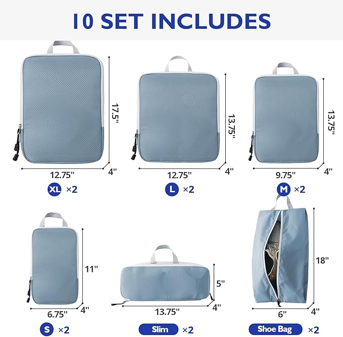Compression Packing Cubes, 10 Set Packing Cubes for Travel Compression, Lightweight Compressible Package Organizer for Carry 